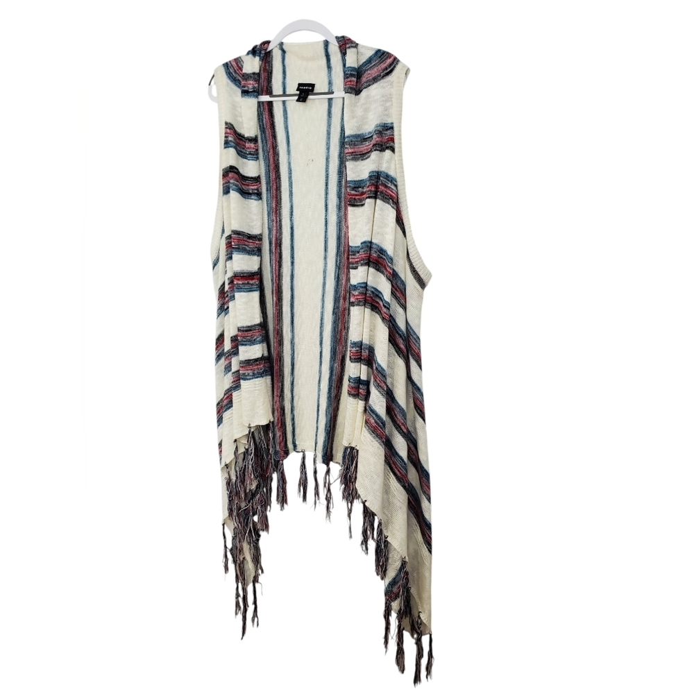Torrid Striped Knit Fringed Vest Waterfall Front Cream Red Blue Sz 4 Pre-Owned - Picture 3 of 12